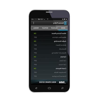 Smartphone demonstrating security options available in teh Mobile Dynamic Defense security solution